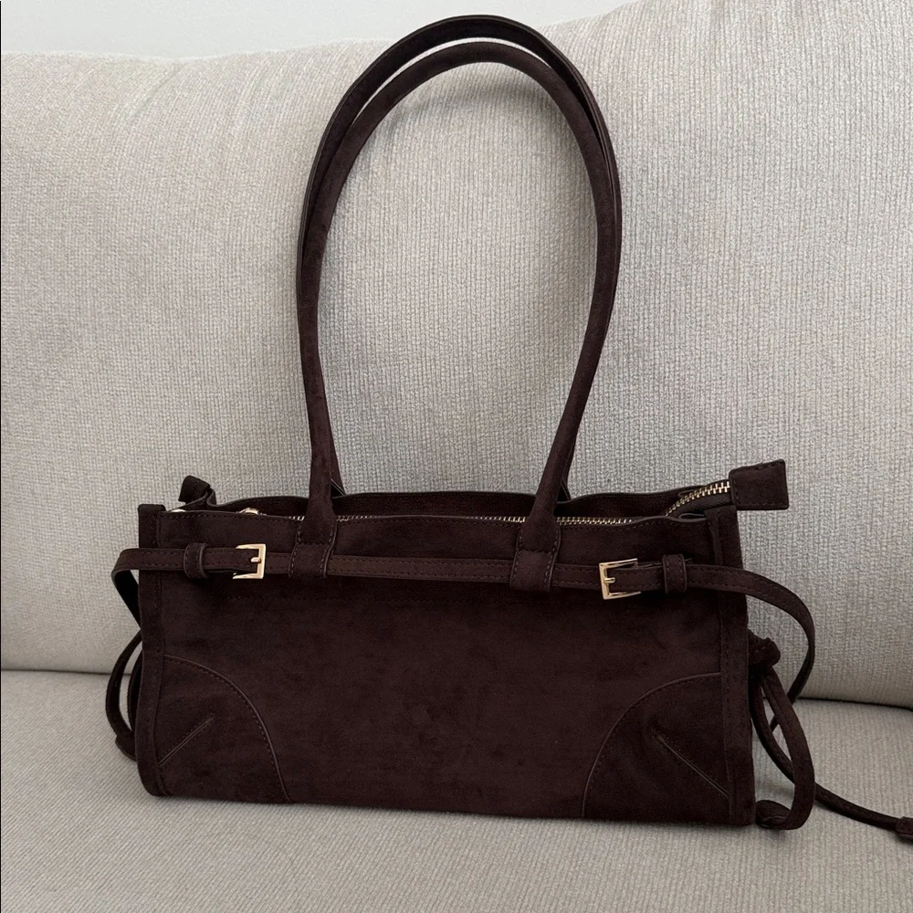 Anthropologie Suede Shoulder Tote Bag in Dark Brown - Picture 1 of 9